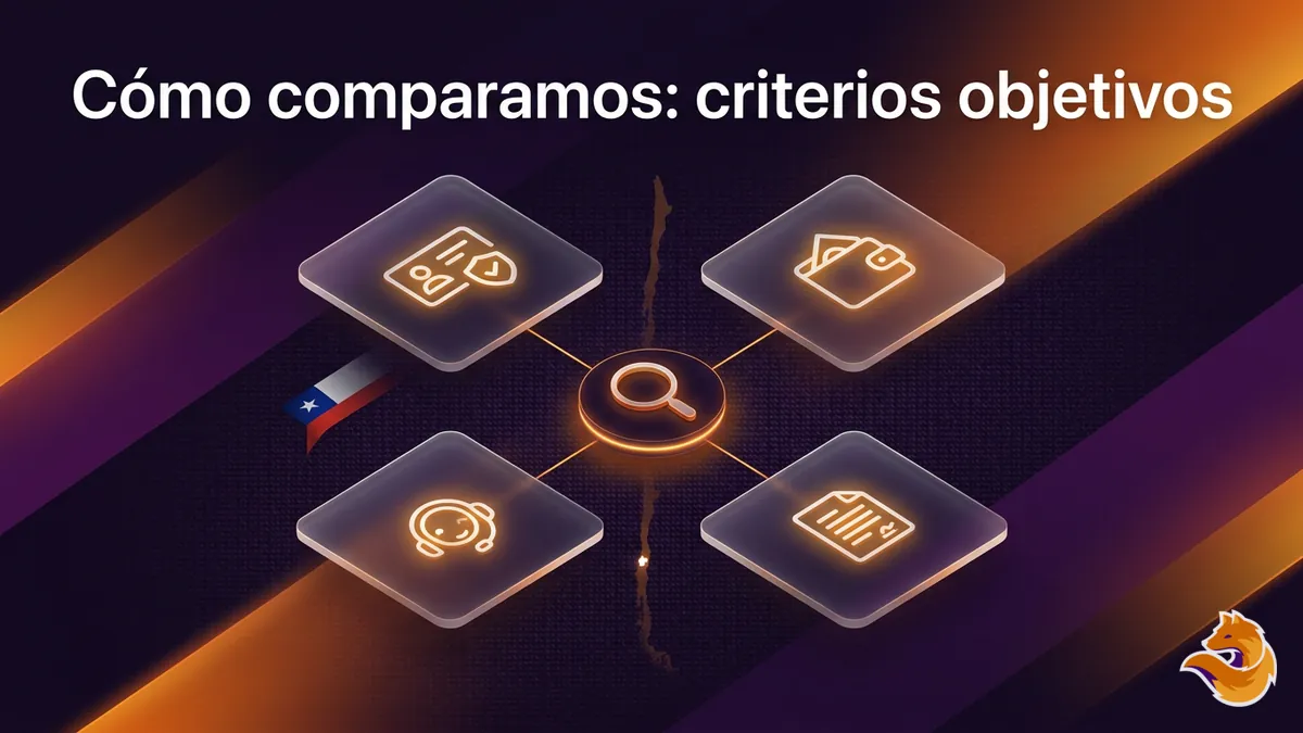 Cuatro fichas con iconos de licencia, retiro, soporte y contrato representando la metodología de comparación de criterios objetivos de LatamWin Chile