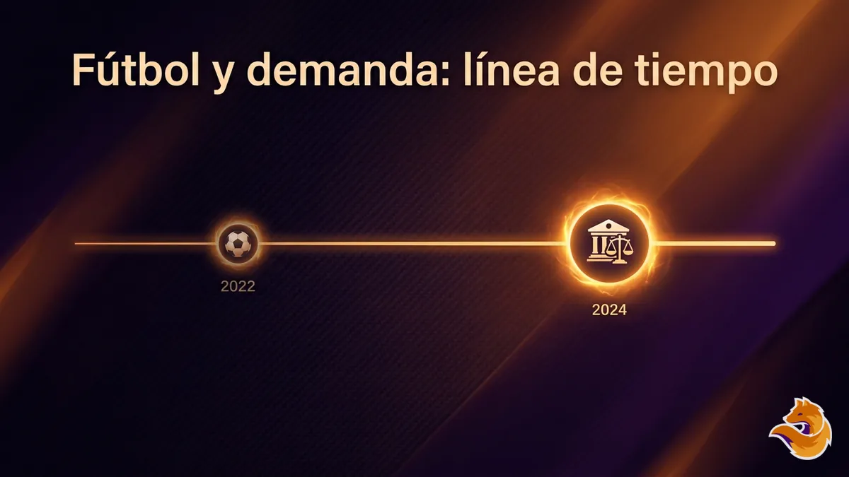 Línea de tiempo con un balón de fútbol en 2022 y una balanza de la justicia en 2024, ilustrando el caso público de LatamWin Chile con Polla Chilena