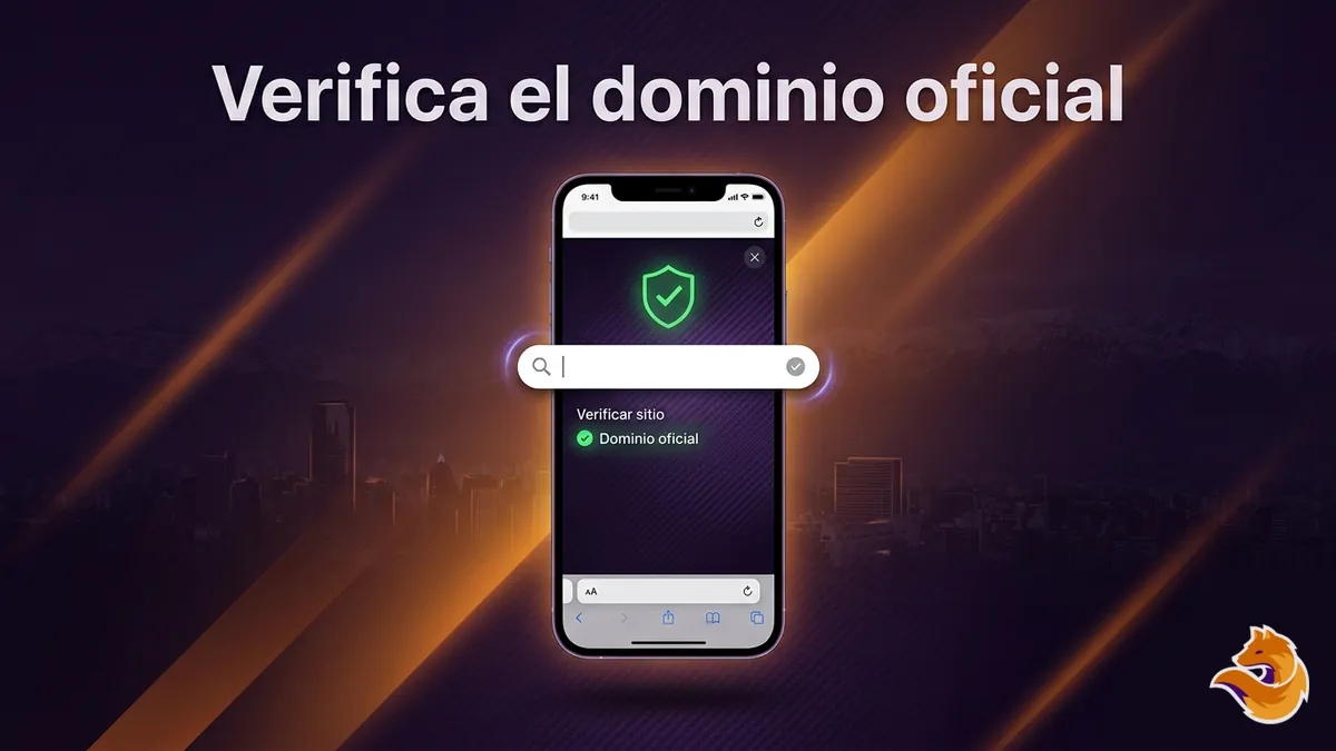 Teléfono con un ícono de verificación en la barra de direcciones y el skyline de Santiago de fondo, guía para confirmar el dominio oficial de LatamWin Chile