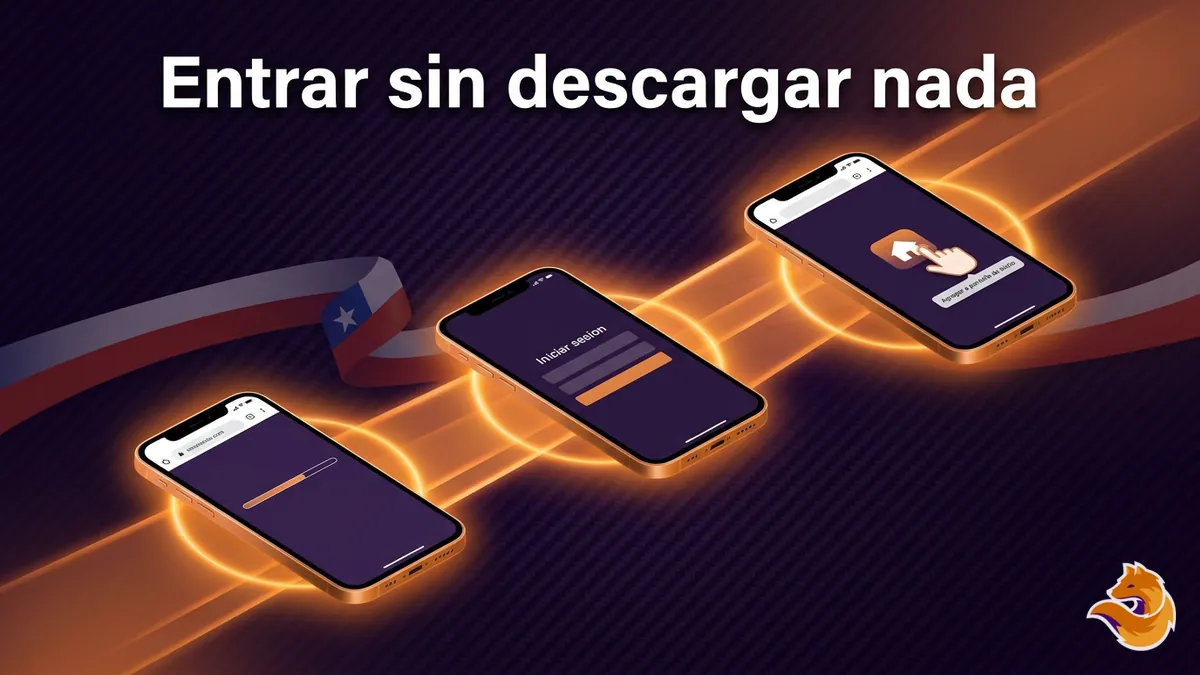 Secuencia de tres pantallas de celular mostrando como entrar al sitio de LatamWin desde el navegador y guardar un acceso directo, sin instalar apps.