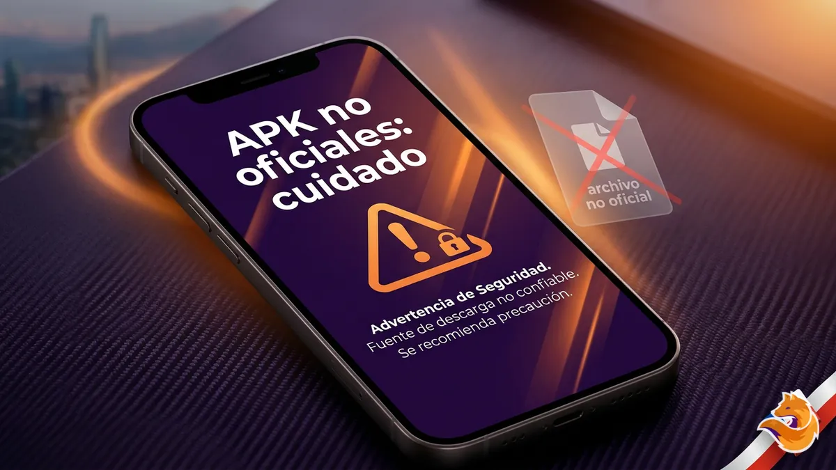Ilustracion de advertencia sobre archivos APK no oficiales de LatamWin encontrados en buscadores y tiendas de terceros.