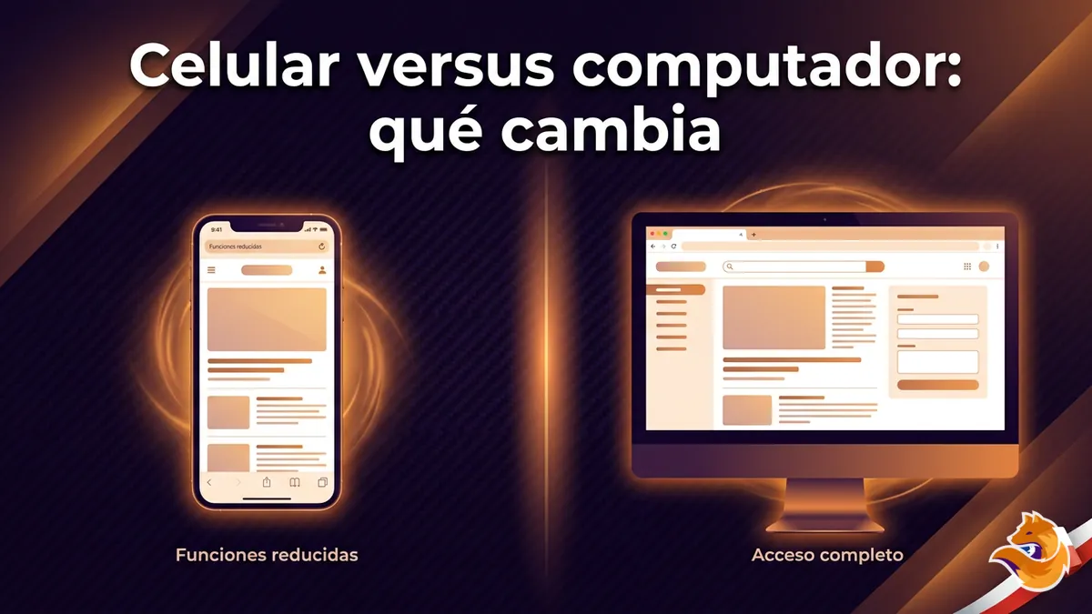 Comparacion visual entre el acceso movil y el acceso de escritorio a LatamWin, mostrando diferencias de funciones disponibles.