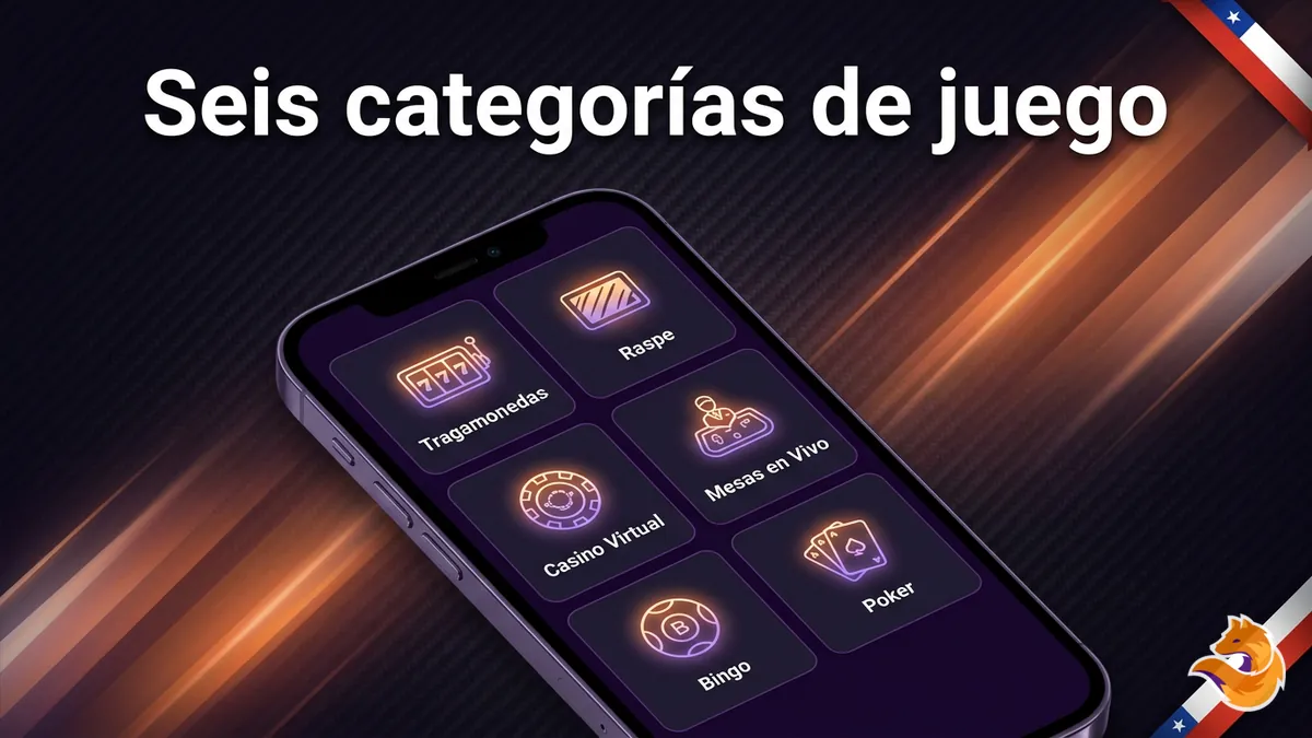 Menú con seis categorías de juegos de LatamWin Chile: tragamonedas, raspe, mesas en vivo, casino virtual, bingo y poker